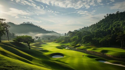 Enchanting view of a serene golf course, fairways winding through rolling hills and verdant landscapes