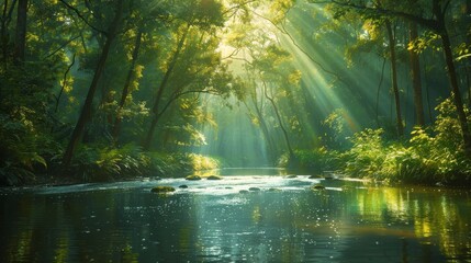 Craft an image of a peaceful river winding through a lush forest,