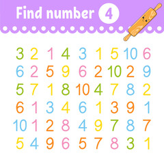 Find number. Education developing worksheet. Activity page with pictures. Game for children. Funny character. cartoon style. Vector illustration.