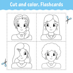 Cut and color. Flashcard Set. Coloring book for kids. Cute cartoon character. Black contour silhouette. Isolated on white background. Vector illustration.