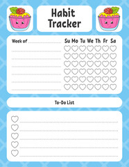 Habit tracker for kids. Sheet template for printing. With cute character. Vector illustration.