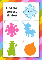 Find the correct shadow. Education developing worksheet for kids. Puzzle game. Activity page. cartoon character. Vector illustration.