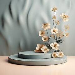 3d rendering scene with podium and flower abstract background. Geometric shape in pastel colors.