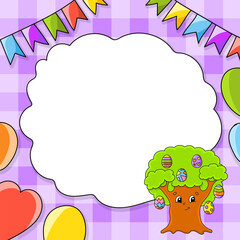 Festive image with copy space for text. cartoon character, balloons, garlands. For the design of greeting cards, birthdays, stickers. Vector illustration.