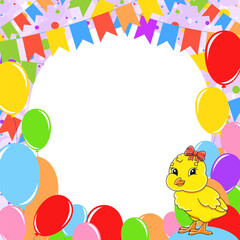 Happy birthday greeting card with a cute cartoon character. With copy space for your text. Picture on the background of bright balloons, confetti and garlands. Vector illustration.