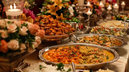 Obraz premium A festive Indian wedding banquet table laden with a variety of colorful and aromatic dishes, showcasing the richness of Indian culinary traditions.