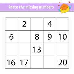 Paste the missing numbers 1-20. Game for children. Handwriting practice. Learning numbers for kids. Education developing worksheet. Activity page. Vector illustration.