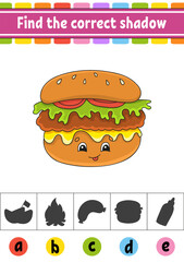 Find the correct shadow. Education developing worksheet. Activity page. Color game for children. Cartoon character. Vector illustration.