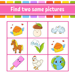 Find two same pictures. Task for kids. Education developing worksheet. Activity page. Color game for children. Funny character. Cartoon style. Vector illustration.