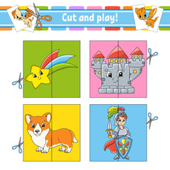Cut and play. Flash cards. Color puzzle. Education developing worksheet. Activity page. Game for children. cartoon style. Funny character. Vector illustration.