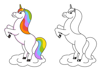 Coloring book for kids. The magical unicorn reared up. The animal horse stands on its hind legs. Cartoon style. Simple flat vector illustration.