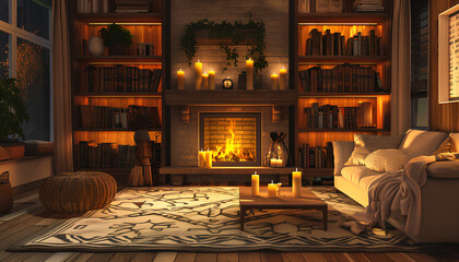 Interior of living room with fireplace, burning candles and bookshelves