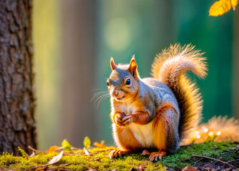 Obraz premium squirrel on a tree. Cute red squirrel with long pointed ears in autumn scene