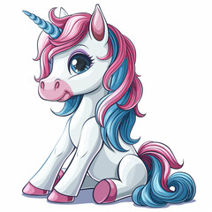 A cartoon unicorn with pink and blue hair