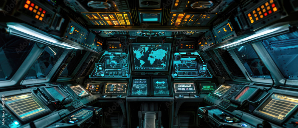 Poster spaceship cabin interior, modern cockpit with computer screens and dashboard, futuristic command roo