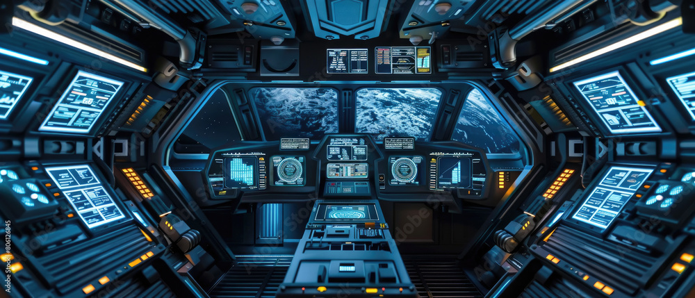 Poster spaceship cabin interior, dark cockpit with computer screens and dashboard, futuristic command room 
