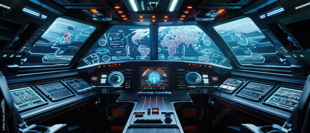 Poster spaceship cabin interior, cockpit with computer screens and dashboard, futuristic command room of sp