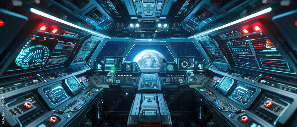 Poster spaceship cabin interior, modern cockpit with computer screens and dashboard, futuristic command roo
