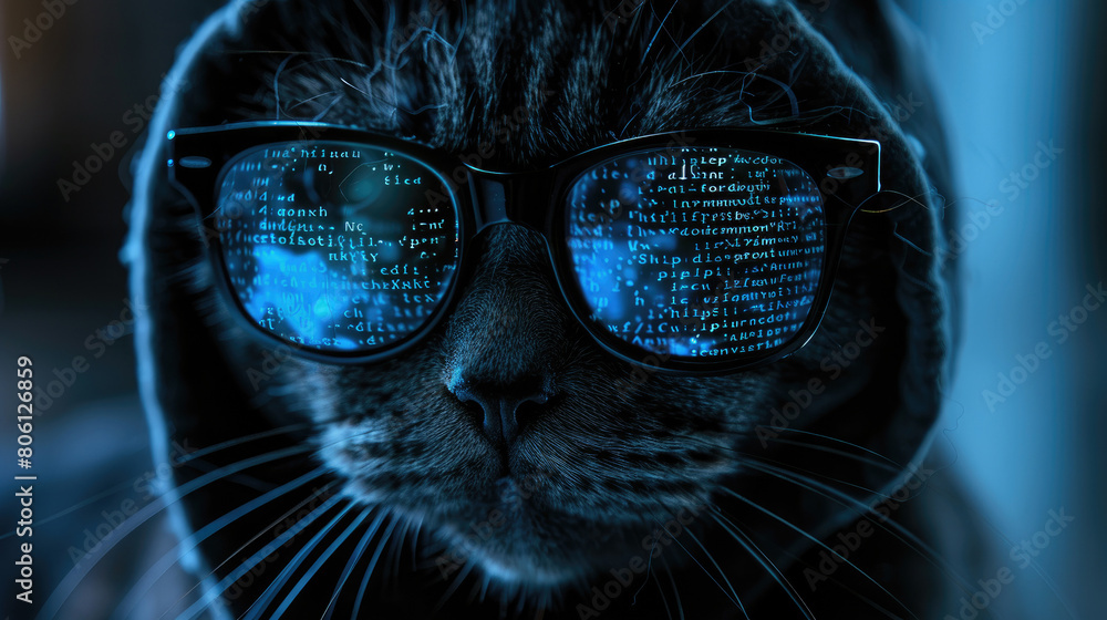 Aufkleber hooded hacker cat works at computer in dark room, cyber data reflected in glasses. concept of spy, t