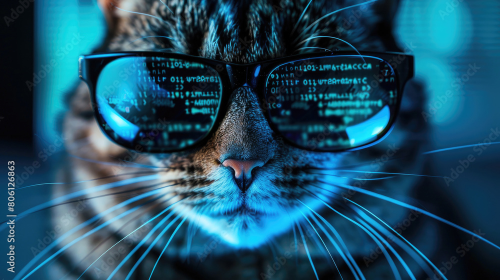 Poster cat hacker works in dark room, computer code reflected in his glasses. concept of spy, ransomware, c