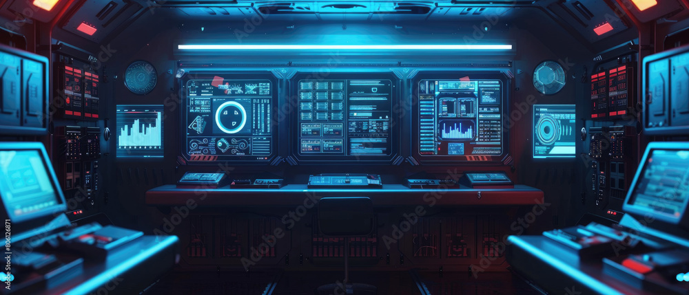 Poster interior of futuristic command center, dark control room of spy base with digital dashboards and com