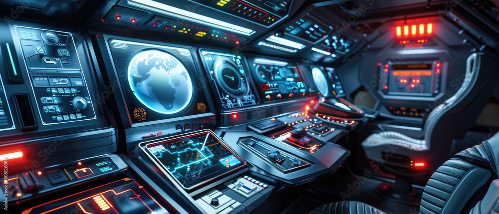Aufkleber inside futuristic command center or spaceship cockpit, interior of control room of spy base with das
