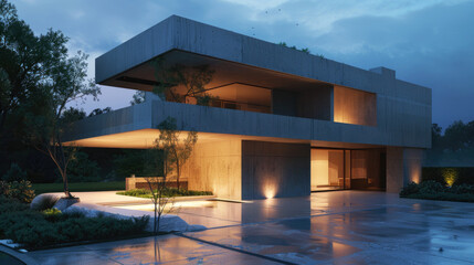 Obraz premium Modern concrete house with grey walls and lights in evening, futuristic residential building exterior. Concept of future, night, garage, construction,