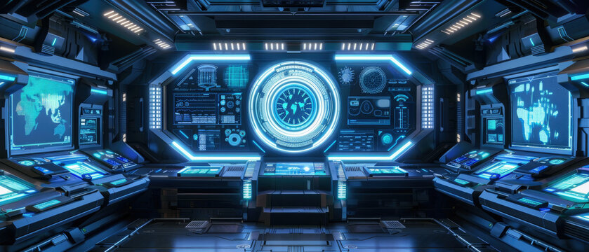 Interior of futuristic command center, control room of spy base or spaceship with digital dashboards and screens. Concept of intelligence, technology, future,