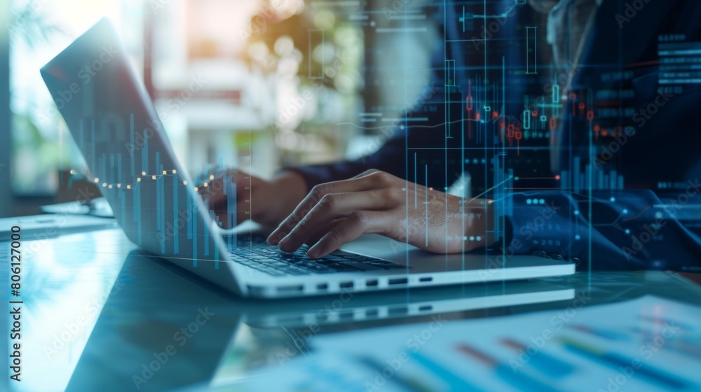 Poster A financial planner analyzing data on a laptop, surrounded by charts and graphs, strategizing for future financial endeavors.