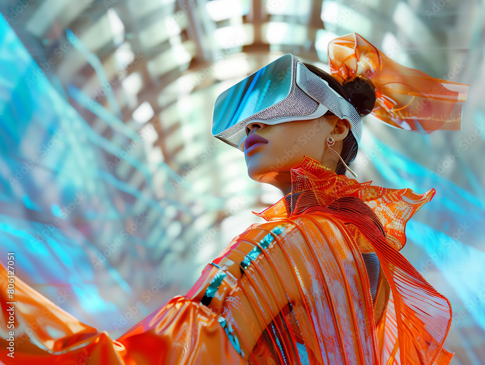 Poster capture the essence of side view fashion trends blending with futuristic virtual reality environment