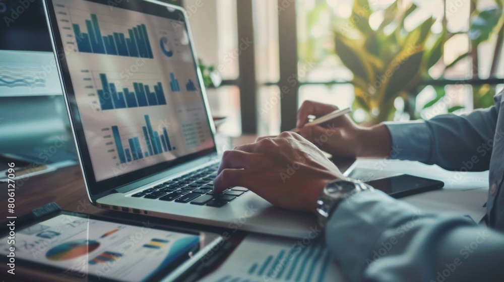 Poster A financial planner analyzing data on a laptop, surrounded by charts and graphs, strategizing for future financial endeavors.
