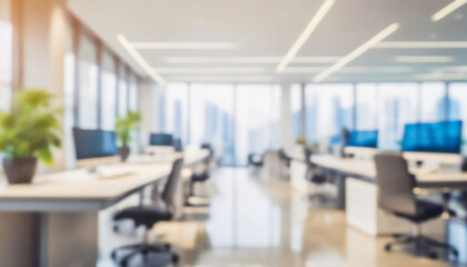 Beautiful blurred background of a light modern office interior with panoramic windows and beautiful lighting.