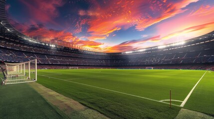 Enchanting vista of an expansive football stadium, the pitch aglow under the vibrant hues of sunset