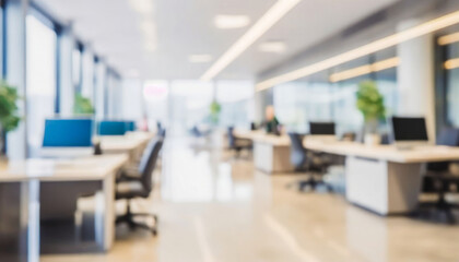 Beautiful blurred background of a light modern office interior with panoramic windows and beautiful lighting.
