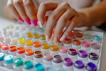 female  manicure. Beautiful young woman's hands on pastel color  background - Image. Beautiful simple AI generated image in 4K, unique.