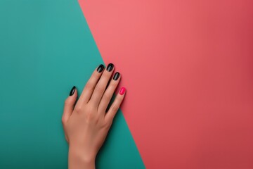 female  manicure. Beautiful young woman's hands on color  background - Image. Beautiful simple AI generated image in 4K, unique.