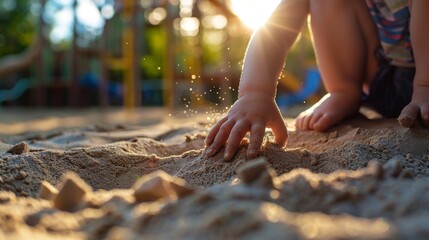 Little child playing in the sandbox on the playground. Early childhood development.