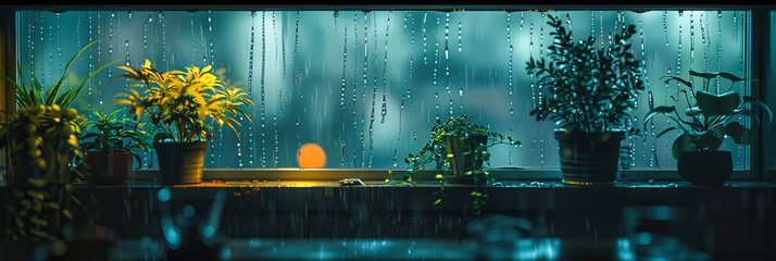 Raindrops on Window, City Lights Reflected at Night, Intimate Urban Scene Captured Through Water Drops