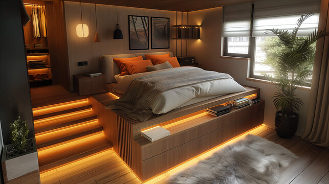 A cozy bedroom featuring a loft bed and a set of stairs, creating a unique and charming space perfect for relaxation and rest