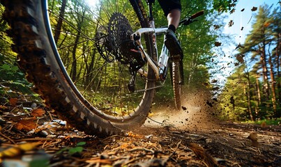 The rear tire of a mountain bike kicks up dirt along a trail in the woods