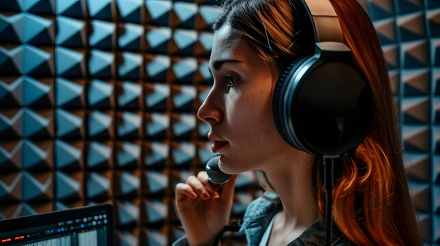 Woman in soundproof room prepares material for voice recording focusing on professional vocal delivery for dubbing or voiceover work. 