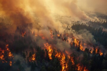 A forest fire spreading through a wooded area where flames engulf trees and greenery, raising columns of smoke to the sky from above.