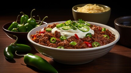 A bowl filled with chili topped with sour cream and green peppers - Powered by Adobe
