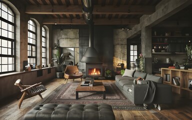 Dark living room loft with fireplace, industrial style., photo, cozy ambient, stock photos, best selling, ai generative, viral	
