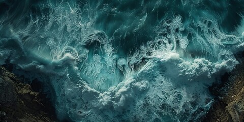 Dramatic Overhead Shot of Rugged Coastline. Natural Wallpaper, with Coastal Rocks and Crashing Waves.