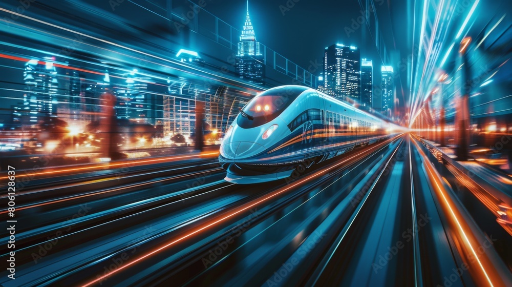 Poster a futuristic bullet train speeding through a cityscape, showcasing the cutting-edge technology and s
