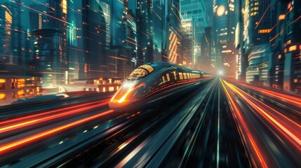A futuristic bullet train speeding through a cityscape, showcasing the cutting-edge technology and speed of high-speed rail travel.
