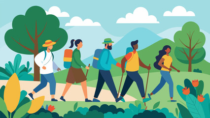 A hiking group for individuals in recovery taking scenic strolls through nature at a comfortable pace.. Vector illustration