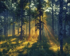 Obraz premium Capture the first light of dawn breaking through the trees, casting long shadows and creating a magical glow in the forest