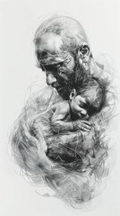 Soft, delicate lines depict the image of a father cradling his infant, emphasizing the theme of nurturing and safety